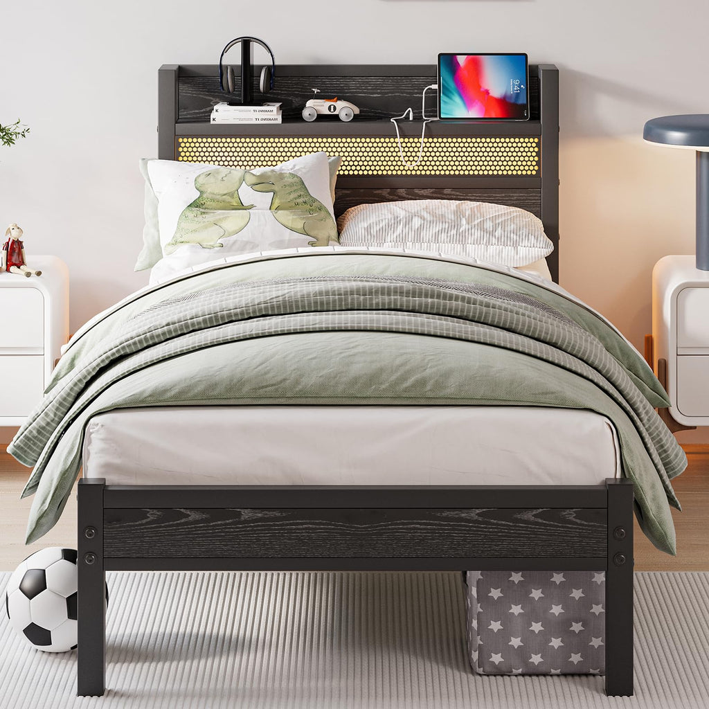 Black Metal Twin Size Bed Frame with Charging Station and LED Lights F79544