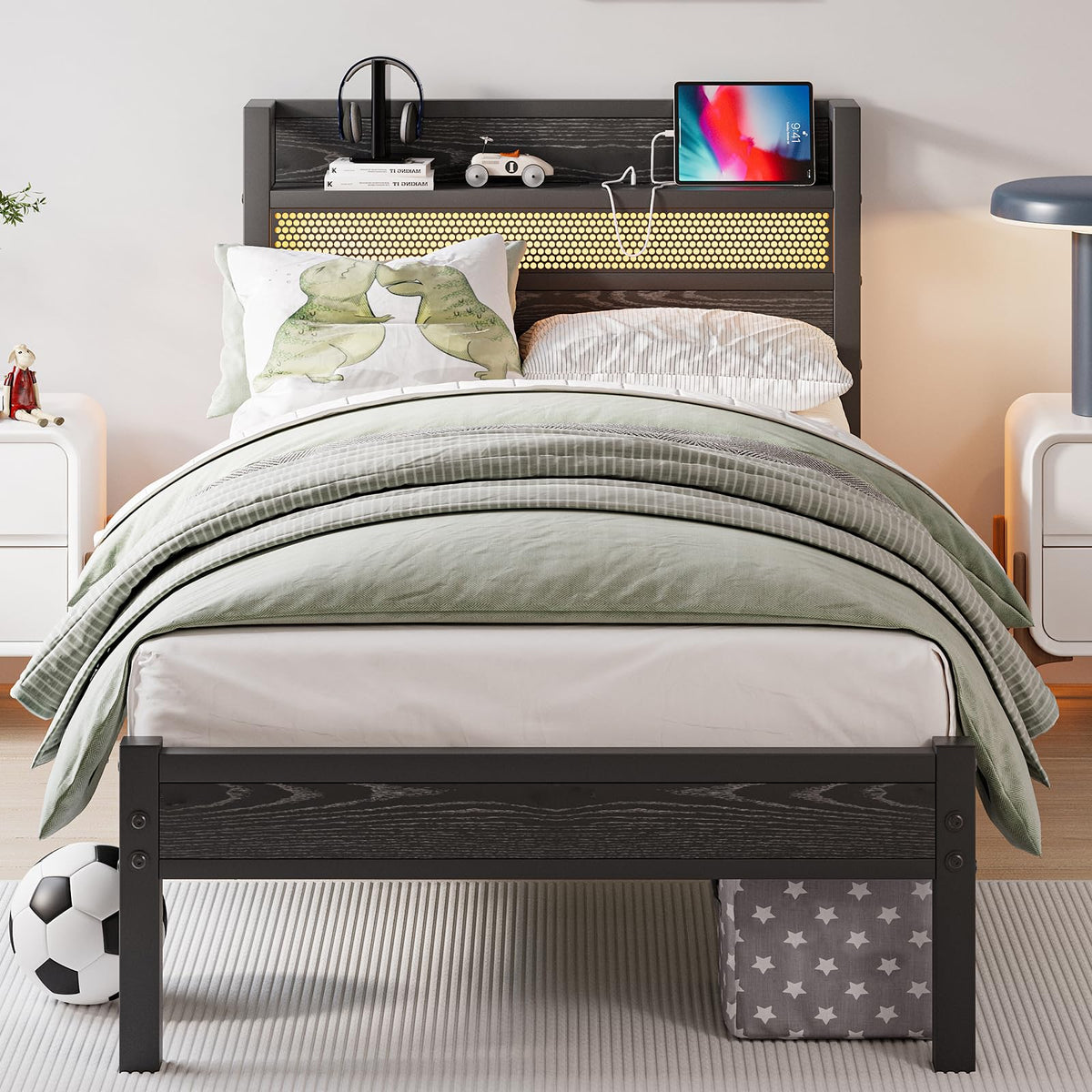 Black Metal Twin Size Bed Frame with Charging Station and LED Lights F79544