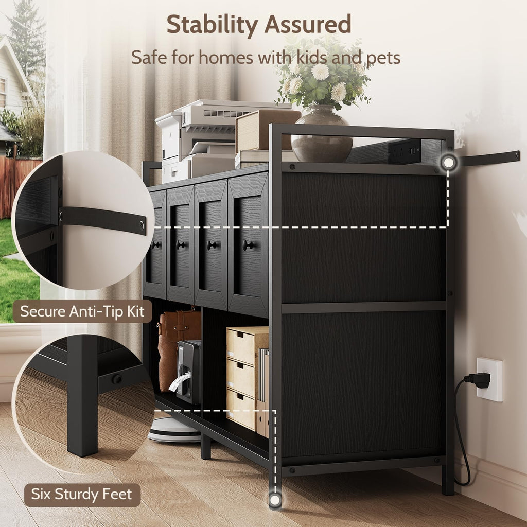 Black 2 Drawer Wood File Cabinet with Power Outlet J429346