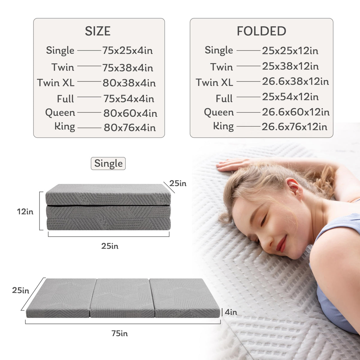 4 Inch Gel Memory Foam Trifold Mattress P338