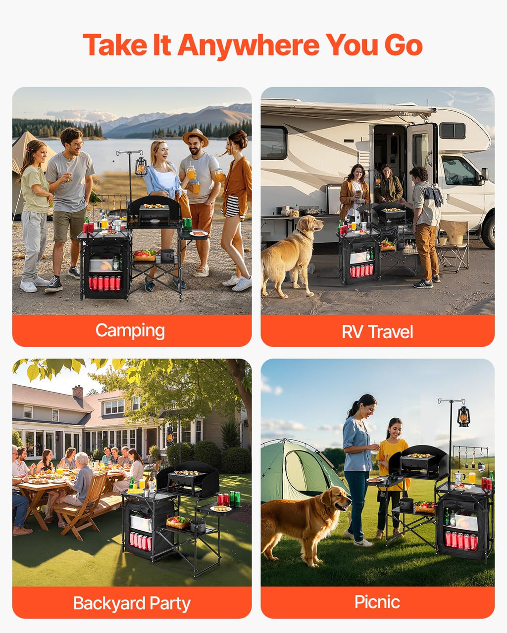 Black Aluminum Camping Kitchen Table with Storage Cupboard U8315