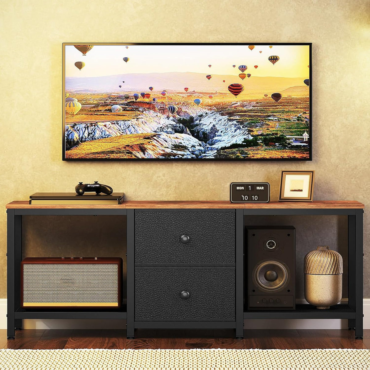 Rustic Brown and Black TV Stand with 2 Fabric Drawer K952068