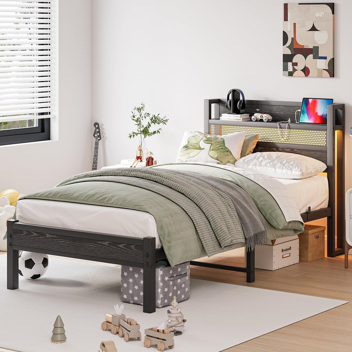Black Metal Twin Size Bed Frame with Charging Station and LED Lights F79544