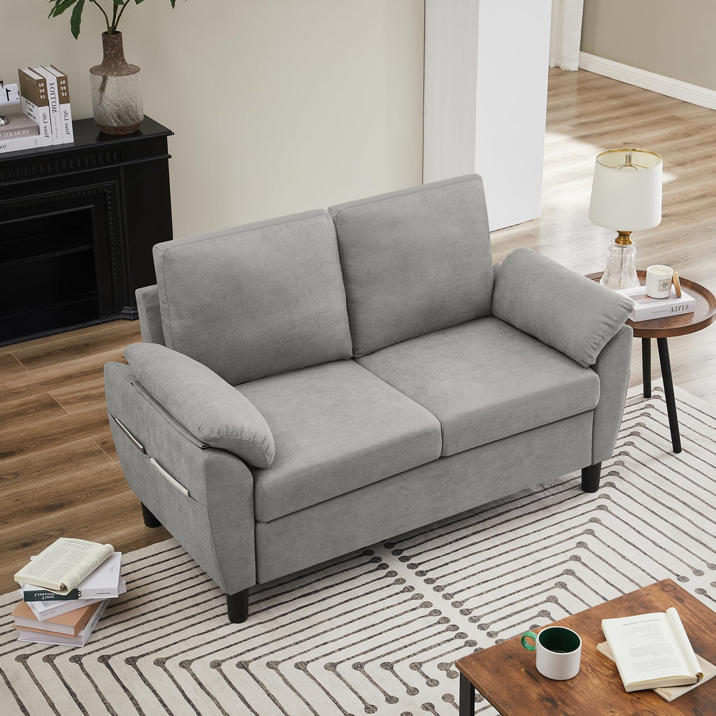 Light Grey Linen Loveseat Sofa with Side Pocket M2179