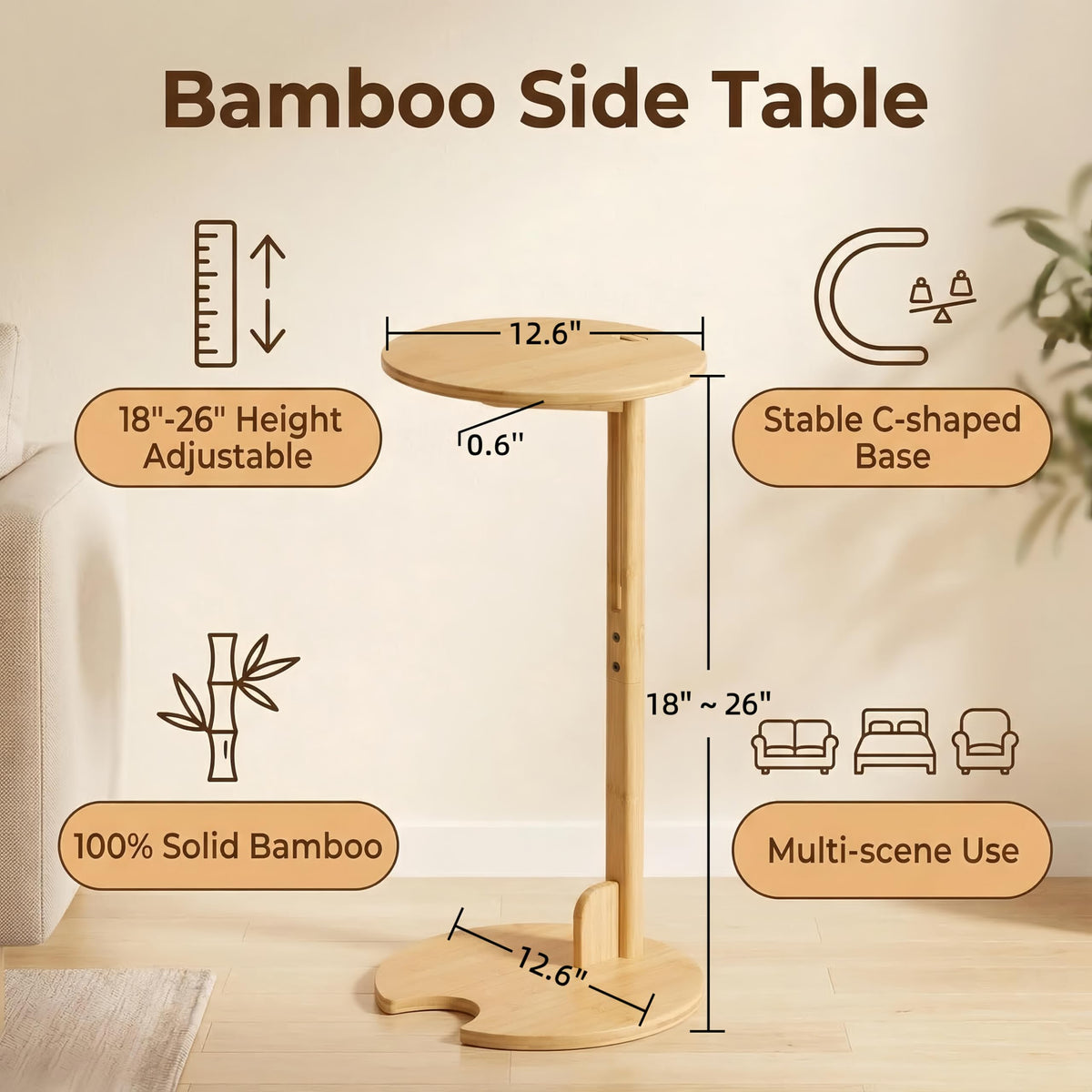Adjustable Bamboo C Shaped Side Table L42839