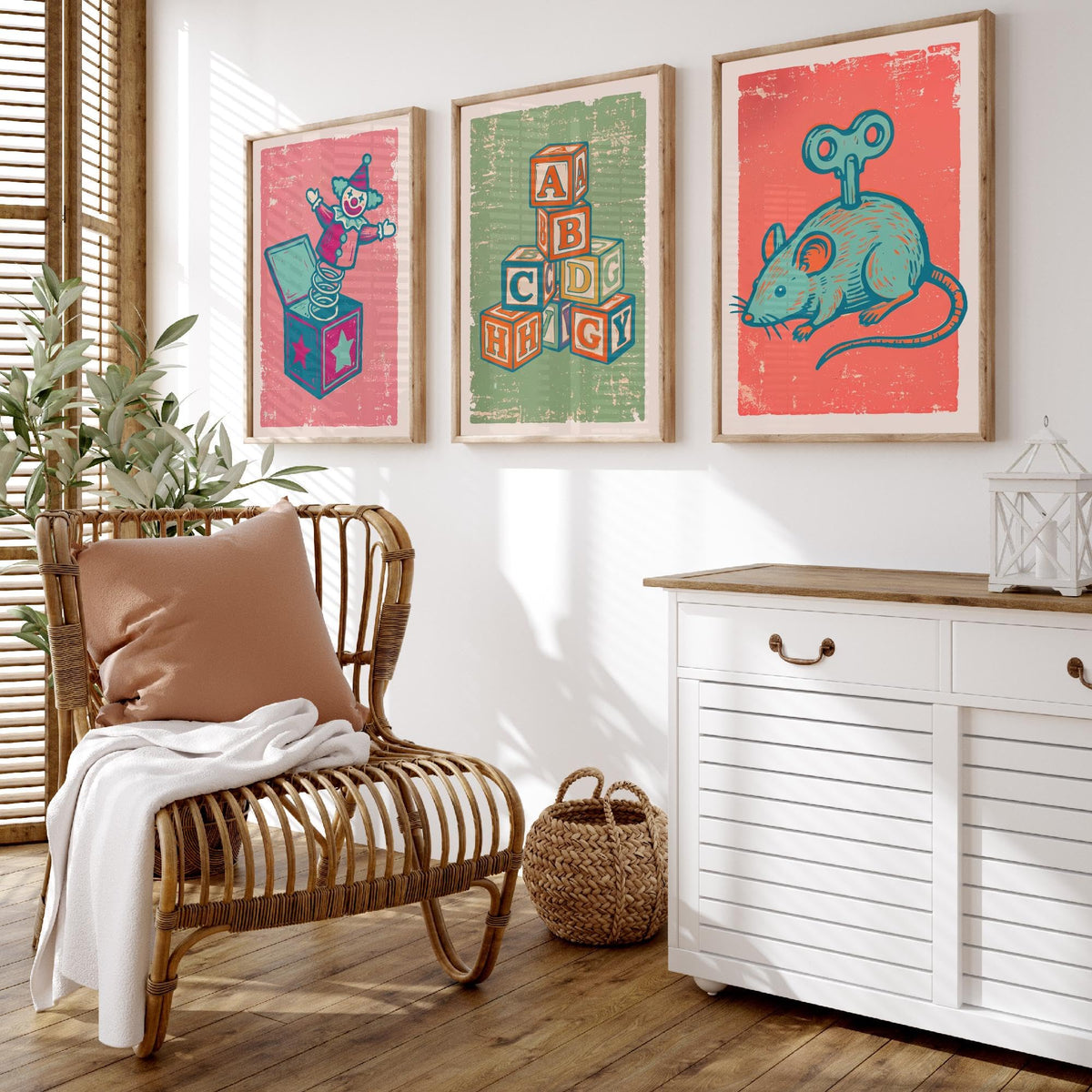 Art Prints Set of 3 Retro Linocut Style B11552