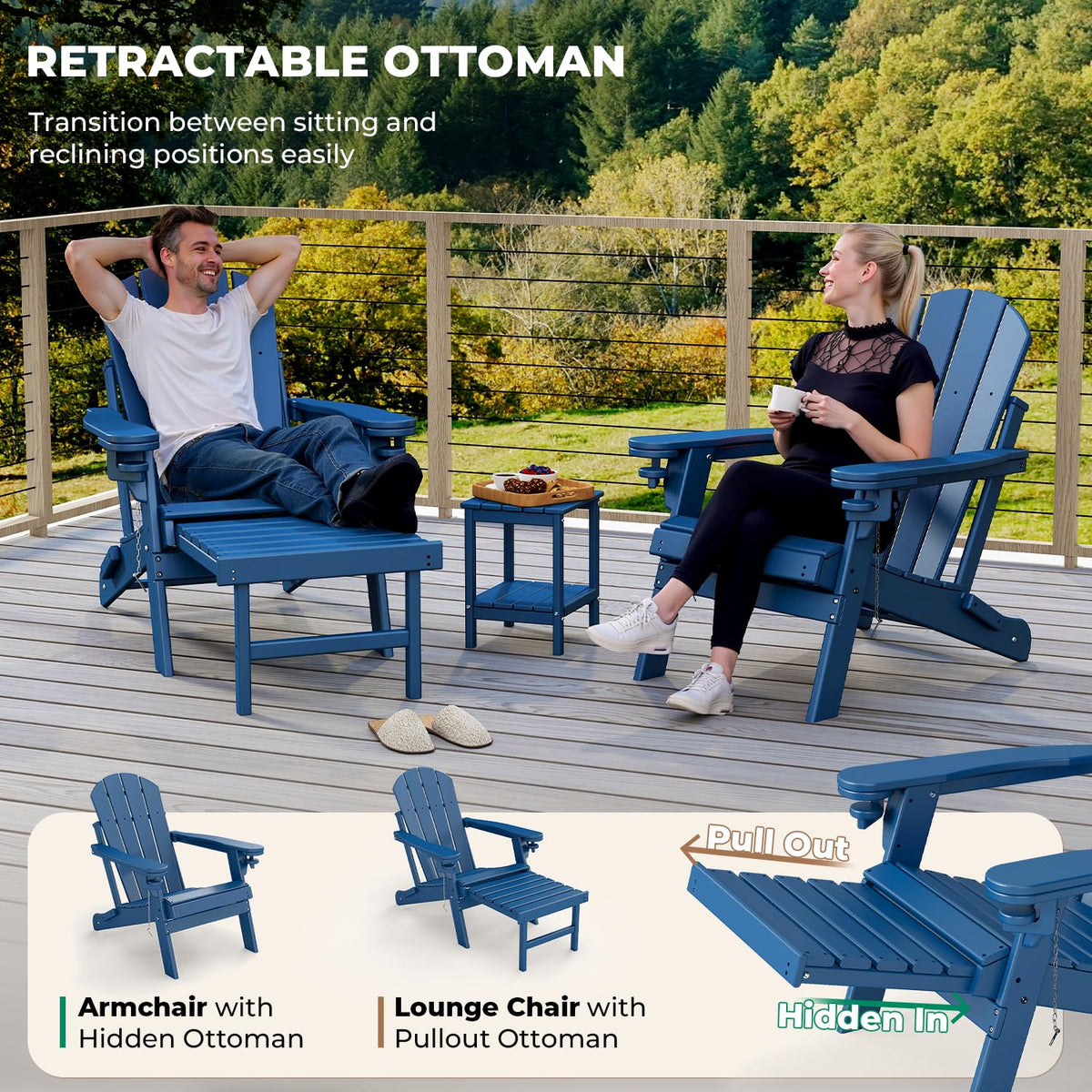 Set of 2 Blue Folding HDPE Plastic Adirondack Chairs with Pull-Out Footrest K8066