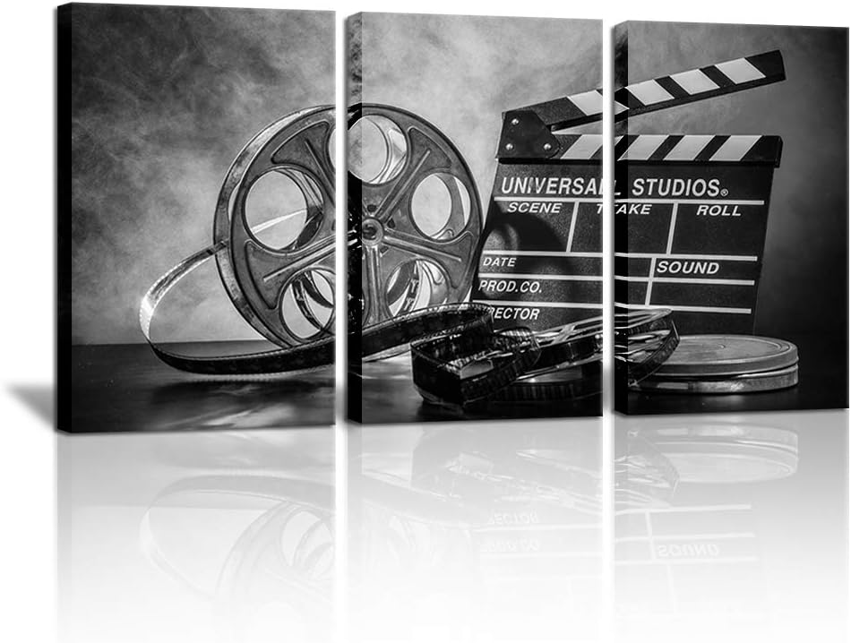 3 Piece Black and White Canvas Wall Painting Movie Clapper Board Poster Print Filmmaking Pictures Vintage Home Movie Theater Media Room Bar Pub House Decoration Easy to Hang 16x 24x3 PCS U652603