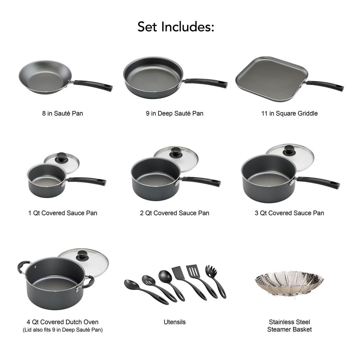18 Piece Non-stick Cookware Set, Steel Gray C53909