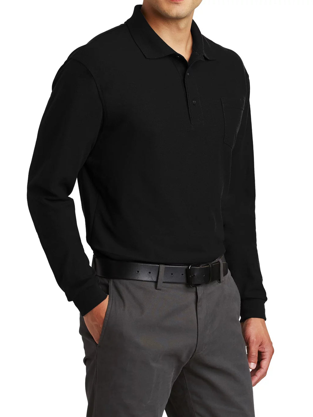 Long Sleeve Silk Touch Polo with Pocket Black Large A29384