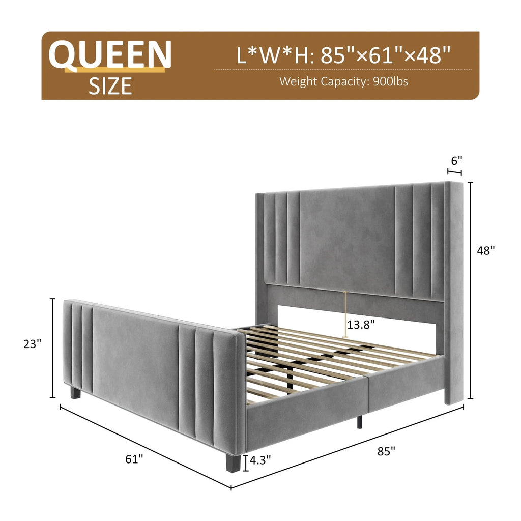 Queen Platform Bed Frame with Vertical Channel, Cream E34464