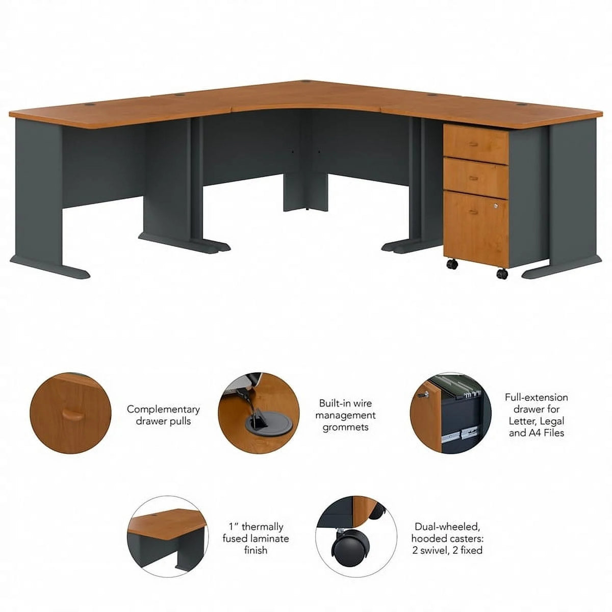 84" Engineered Wood L Desk and File Cabinet in Cherry N9356