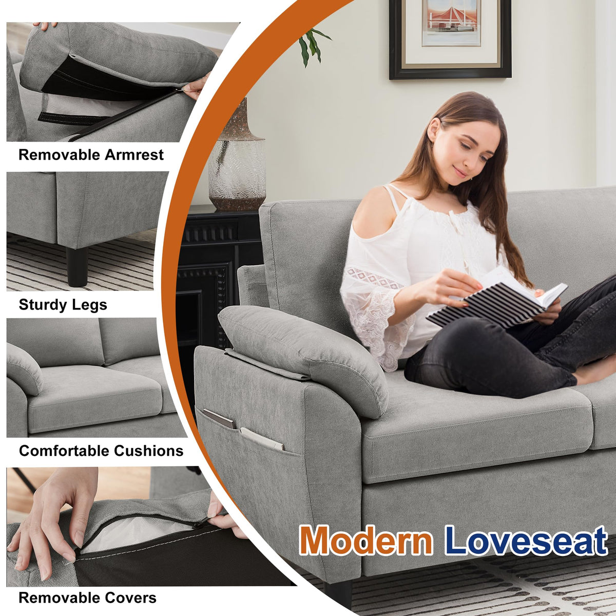 Light Grey Linen Loveseat Sofa with Side Pocket M2179