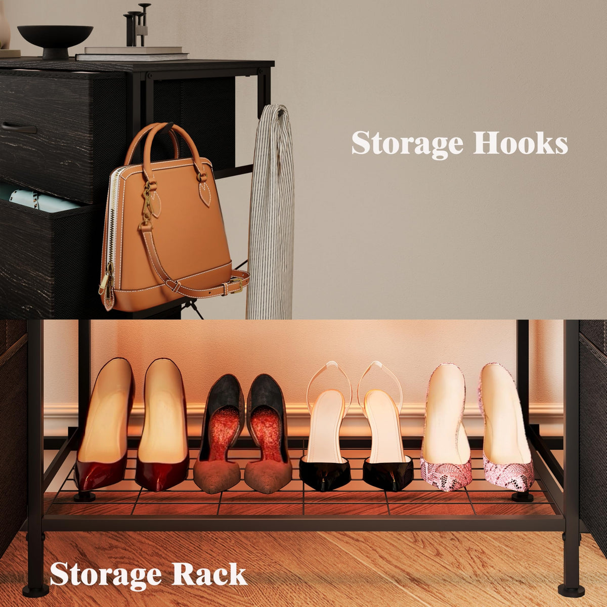 55"W Dresser with Hanging Rack, 10 Fabric Drawers & Hooks C21267