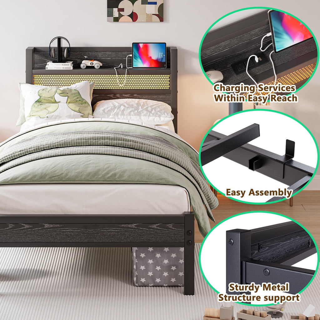 Black Metal Twin Size Bed Frame with Charging Station and LED Lights F79544