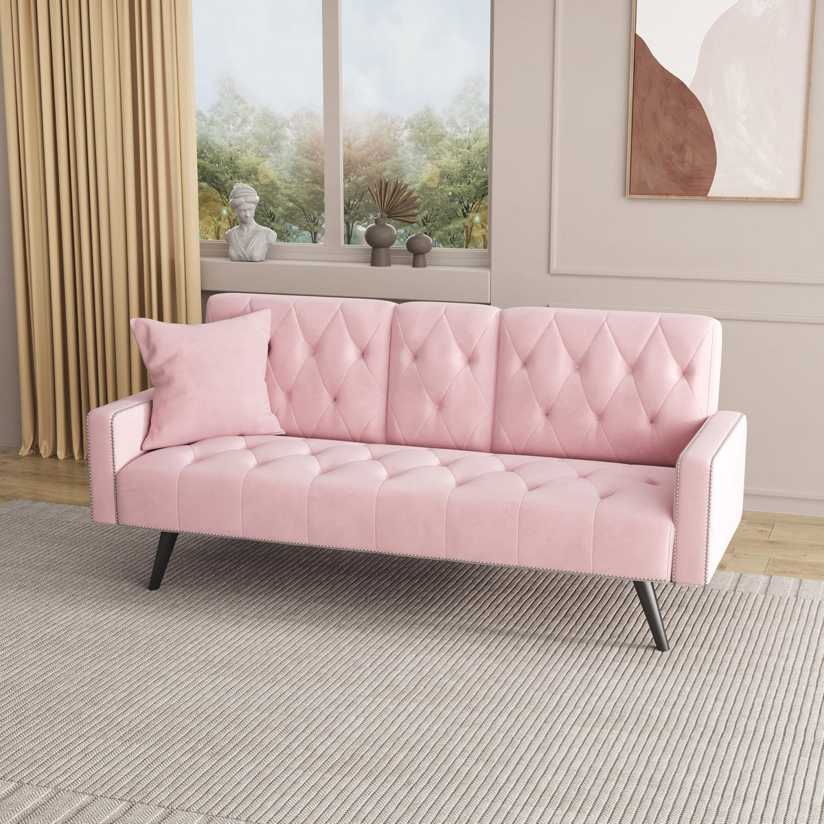 Pink Velvet Convertible Sofa Bed with Cup Holders S138875