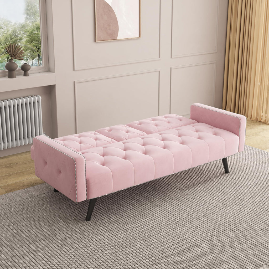 Pink Velvet Convertible Sofa Bed with Cup Holders S138875