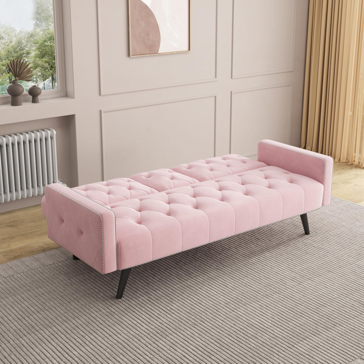 Pink Velvet Convertible Sofa Bed with Cup Holders S138875