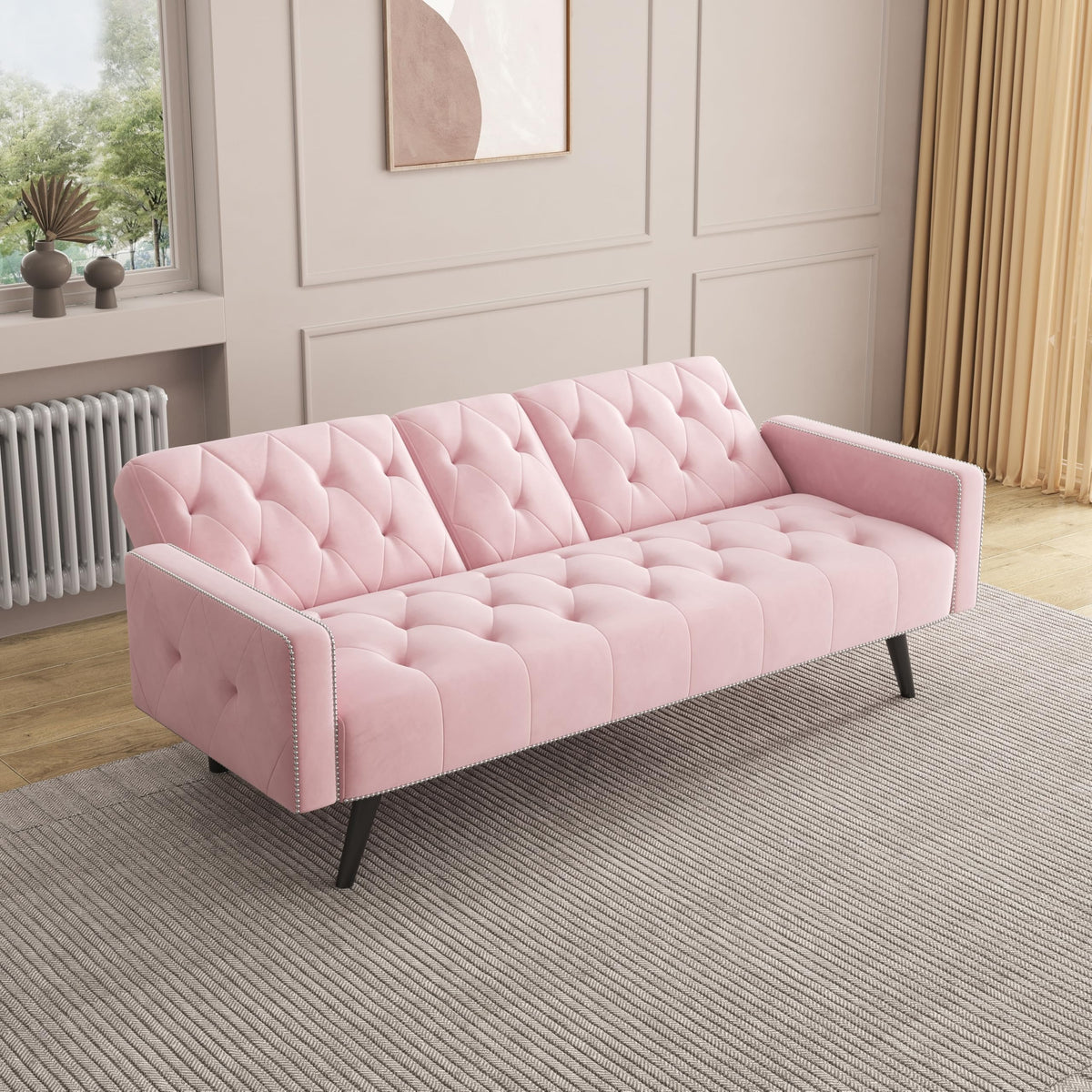Pink Velvet Convertible Sofa Bed with Cup Holders S138875