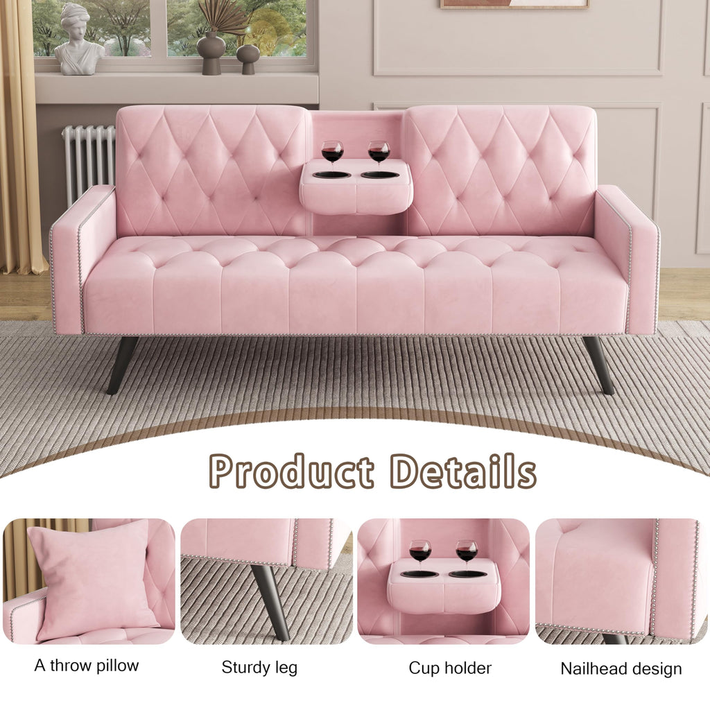 Pink Velvet Convertible Sofa Bed with Cup Holders S138875