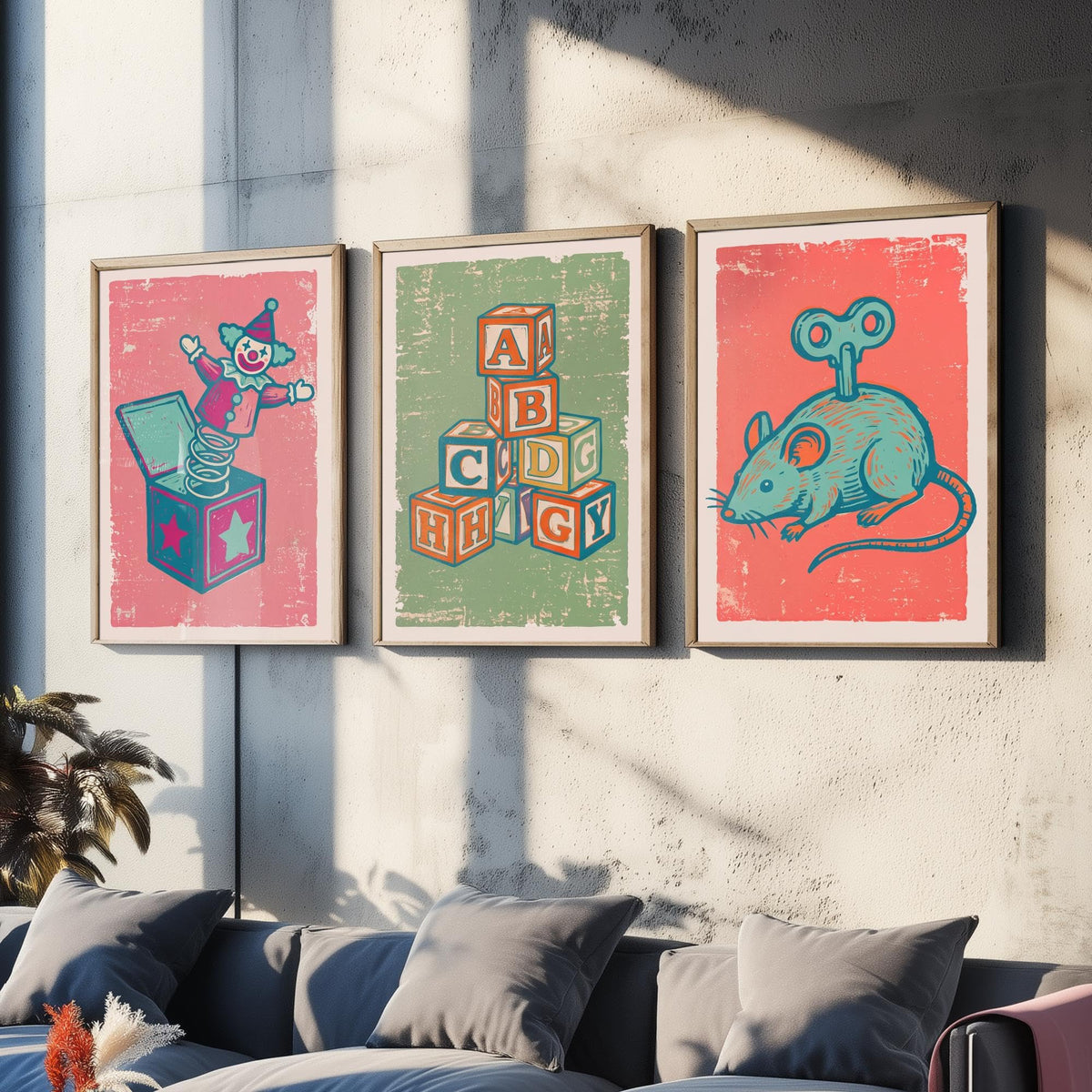Art Prints Set of 3 Retro Linocut Style B11552