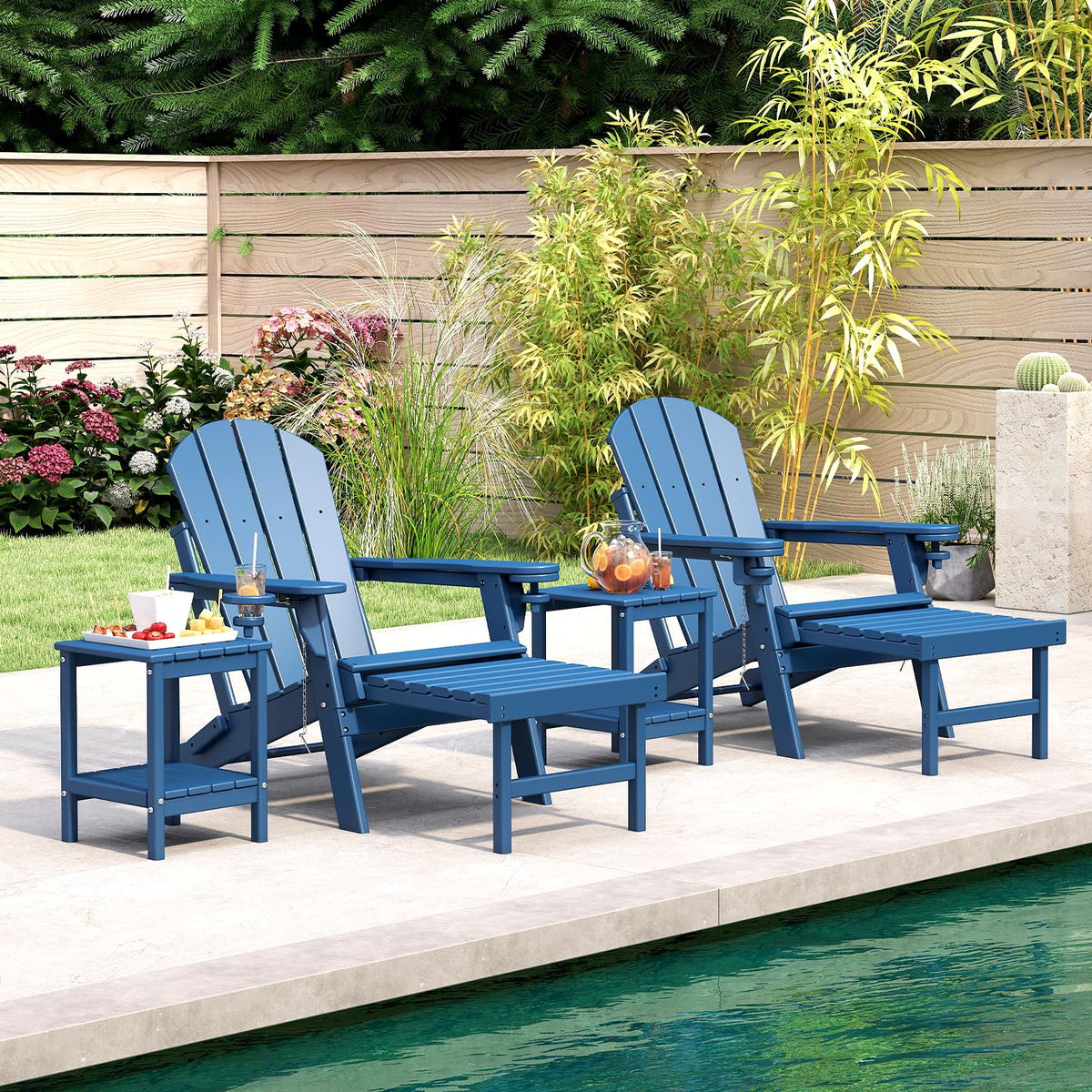 Set of 2 Blue Folding HDPE Plastic Adirondack Chairs with Pull-Out Footrest K8066