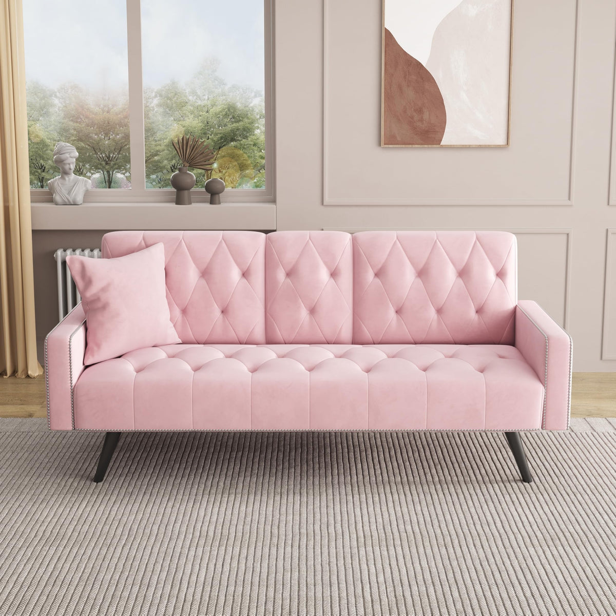 Pink Velvet Convertible Sofa Bed with Cup Holders S138875