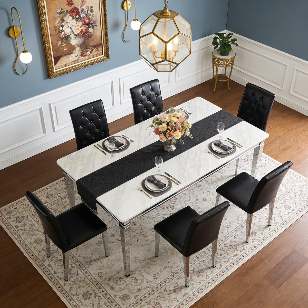 Black Upholstered Dining Chairs Set of 4 with Silver Metal Legs R18931