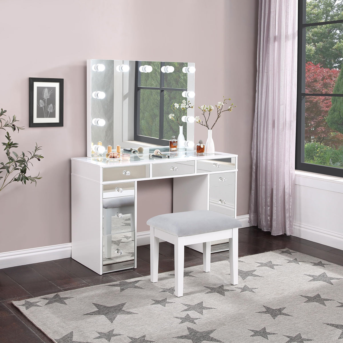 White Velvet 9-Drawer Vanity Table Set H7743