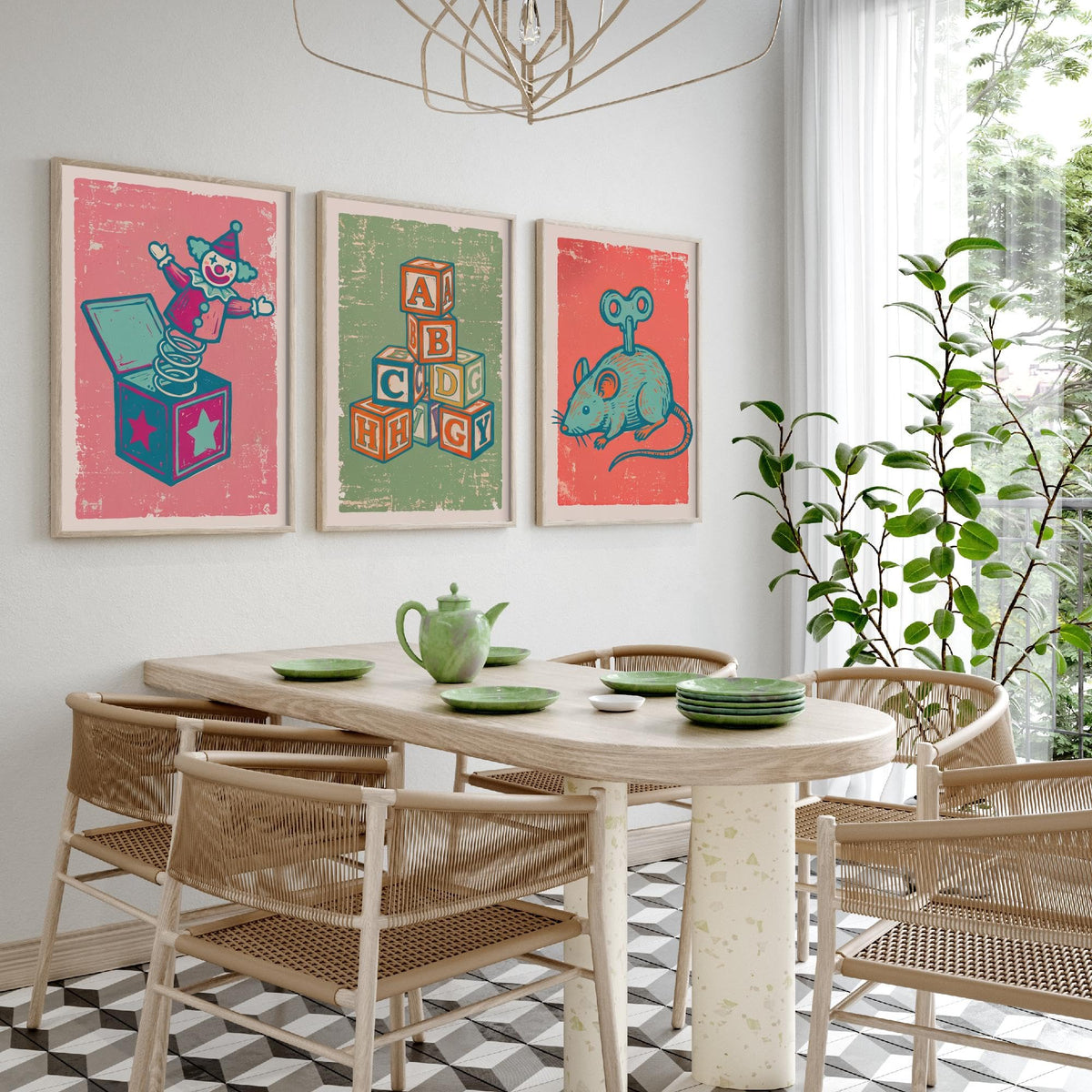 Art Prints Set of 3 Retro Linocut Style B11552