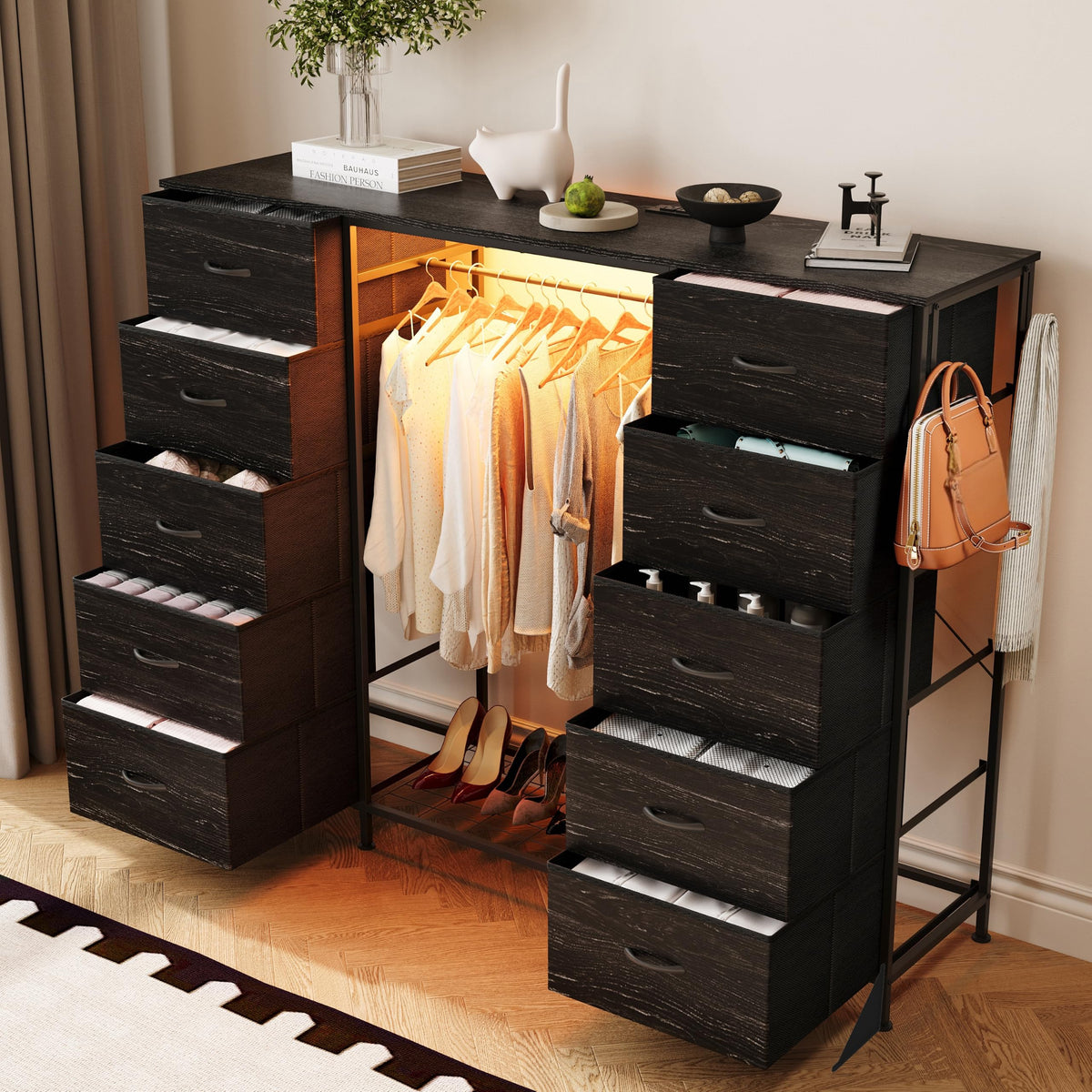55"W Dresser with Hanging Rack, 10 Fabric Drawers & Hooks C21267