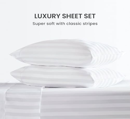 100% Egyptian Cotton King Size 4 Piece Bed Sheet Set White Stripe G402