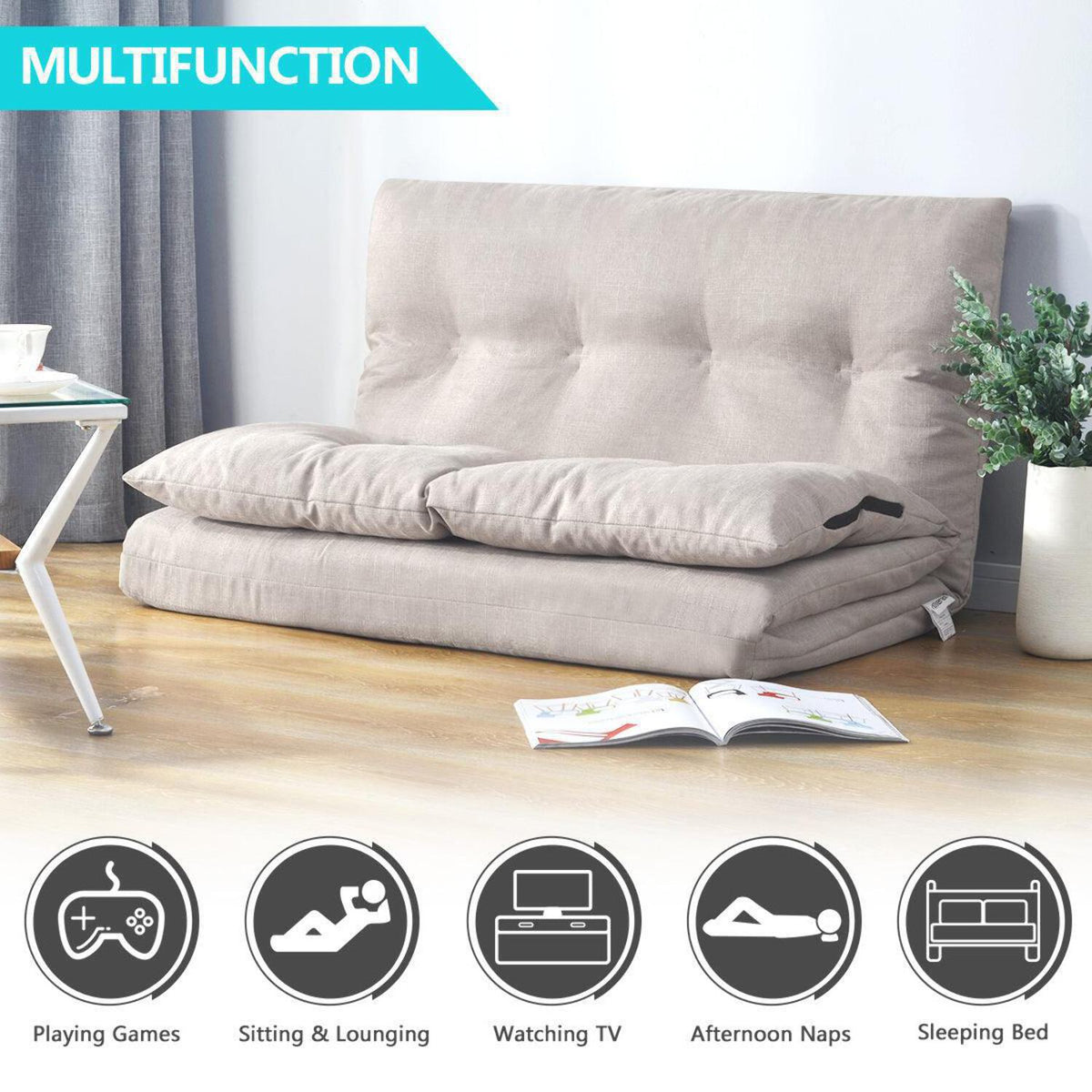 Beige Fabric Folding Chaise Lounge Sofa Floor Couch C448165
