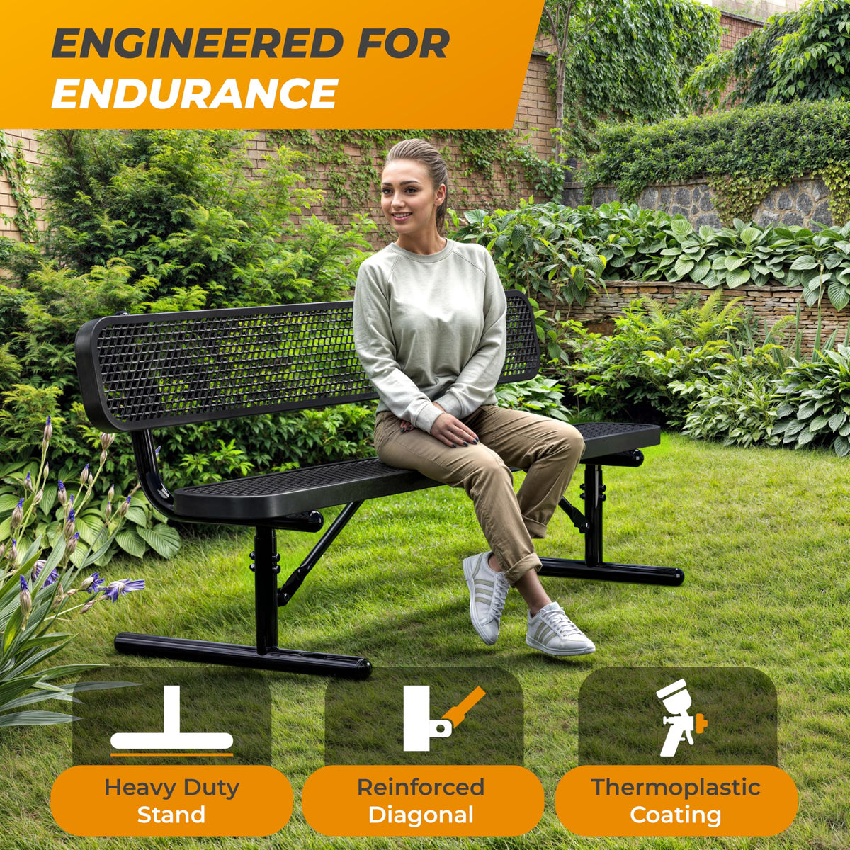 6 Ft Portable Metal Bench with Back A8722