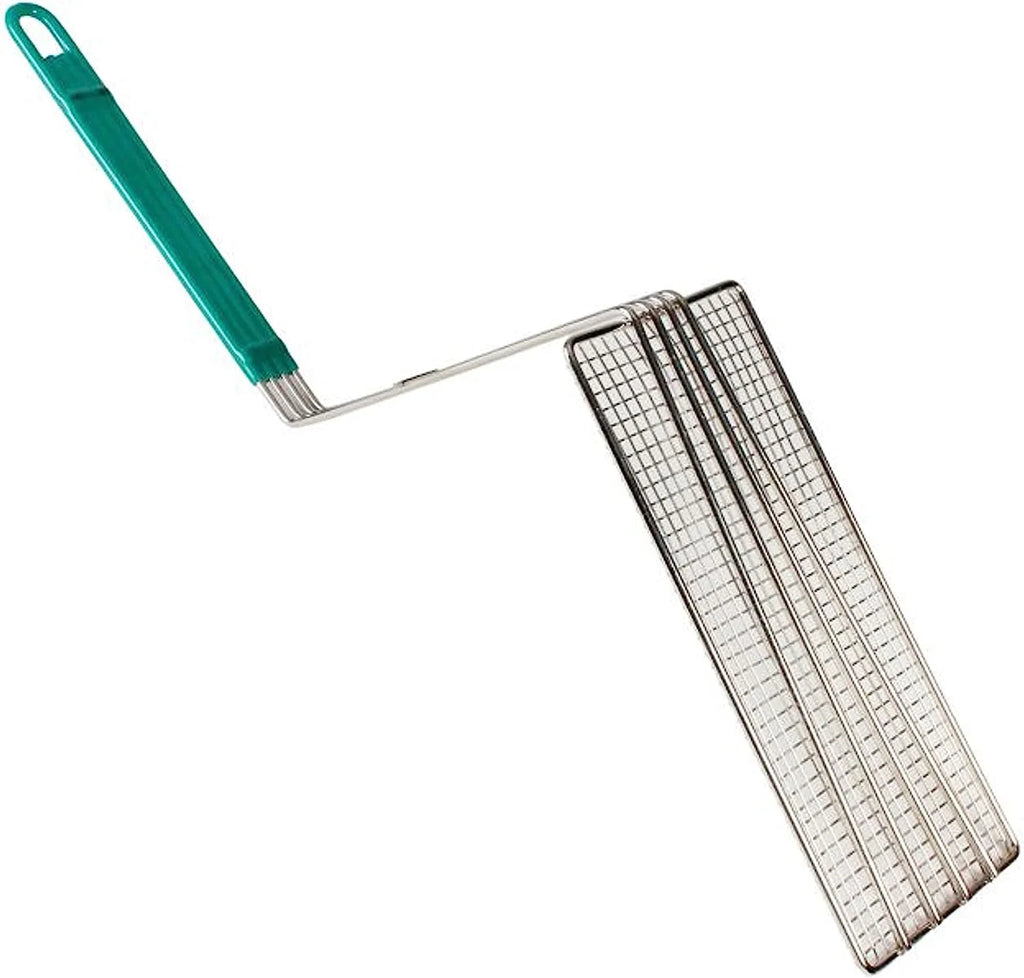 11" x 4-3/4" Rectangular Deep Fry Basket Press Heavy Duty Nickel Plated Iron with Green Coated Handle H788