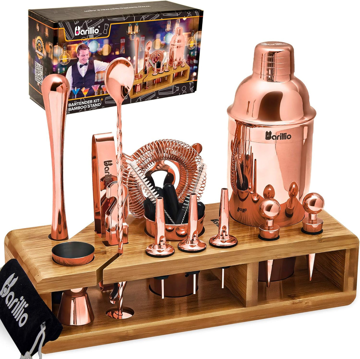 23-Piece Stainless Steel Bartender Kit with Bamboo Stand E35901