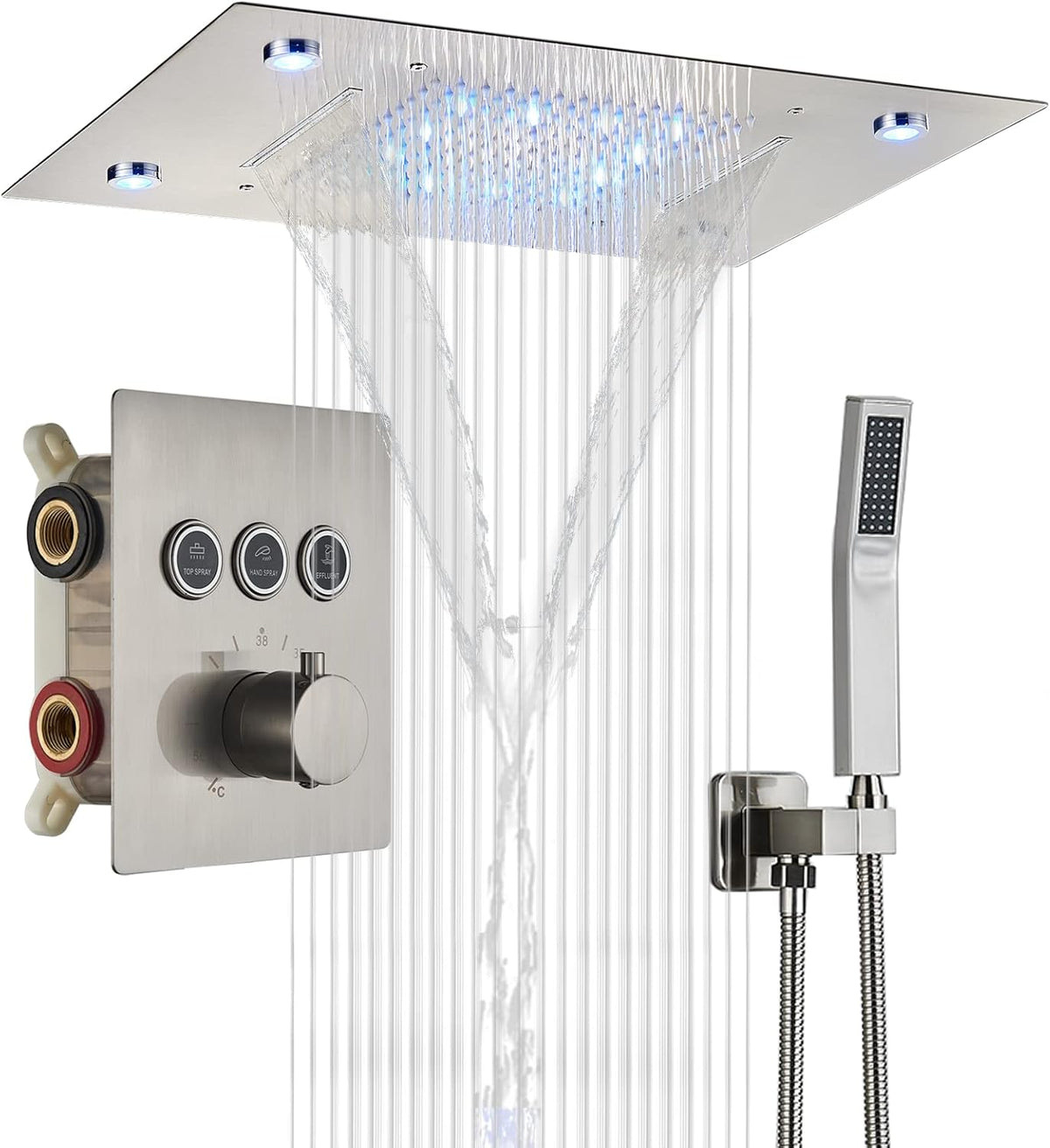 3 Functions Thermostatic Rain Shower Set with LED Shower Head Brushed Nickel Z1043