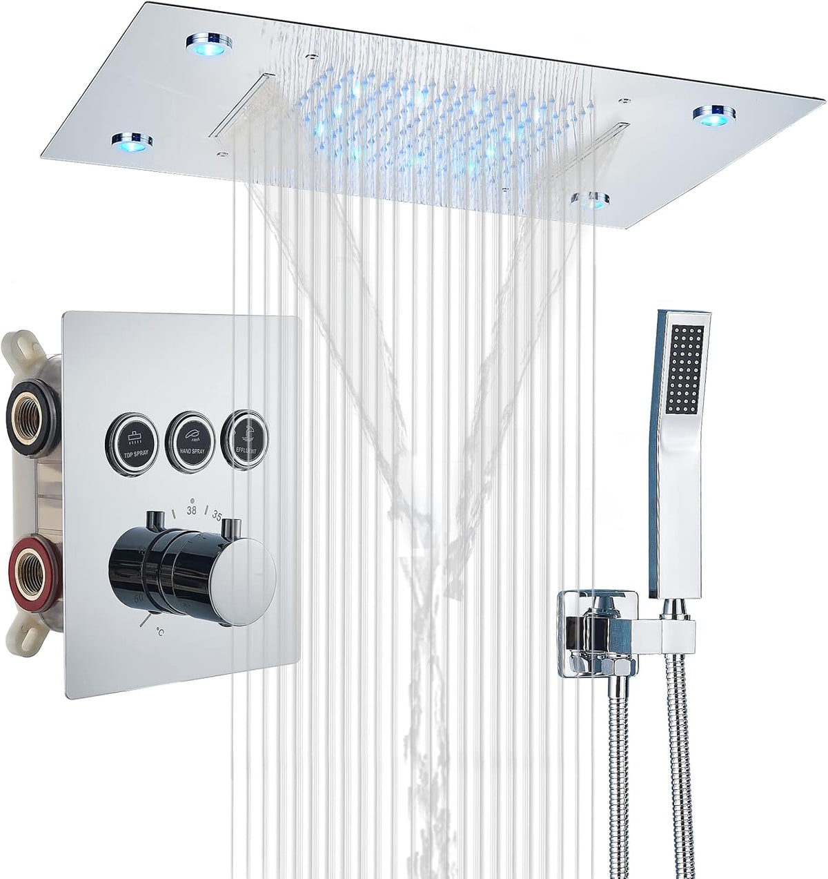 3 Functions Thermostatic Rain Shower Set with LED Shower Head Brushed Nickel Z1043