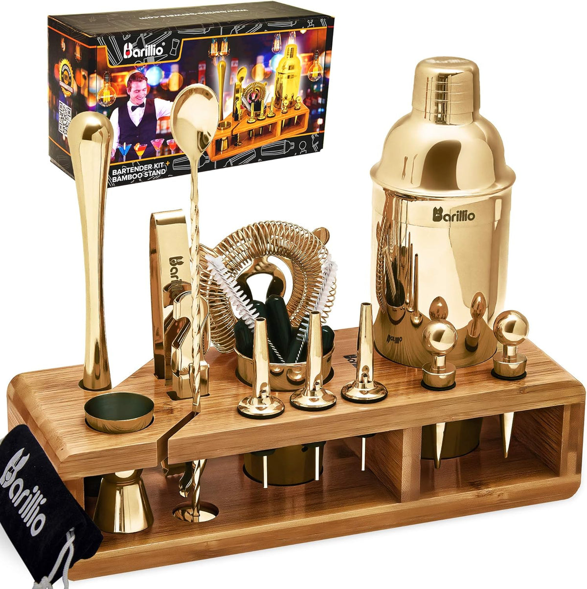 23-Piece Stainless Steel Bartender Kit with Bamboo Stand E35901