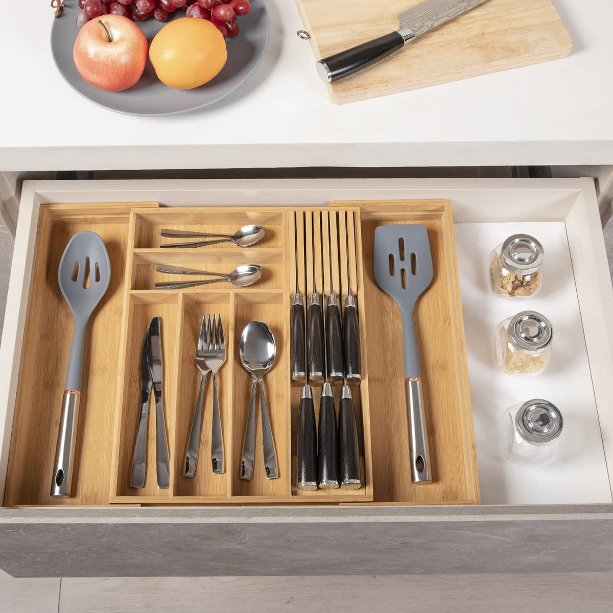 Bamboo Utensil Holder Expandable Drawer Organizer with Removable Knife Rack T5905