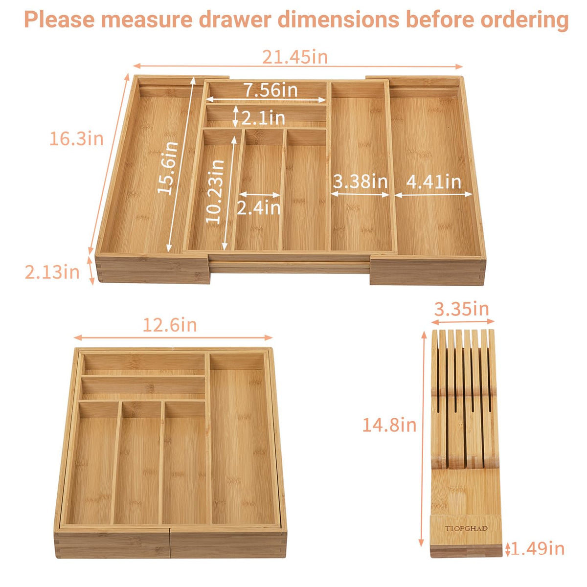 Bamboo Utensil Holder Expandable Drawer Organizer with Removable Knife Rack T5905