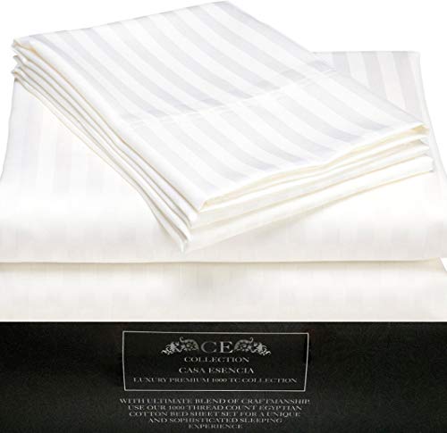 100% Egyptian Cotton King Size 4 Piece Bed Sheet Set White Stripe G402