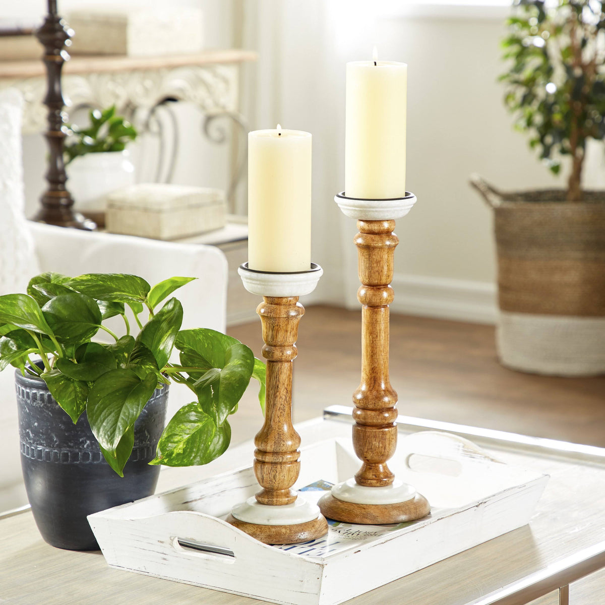 Mango Wood Pedestal Candle Holders Set of 2 I1252