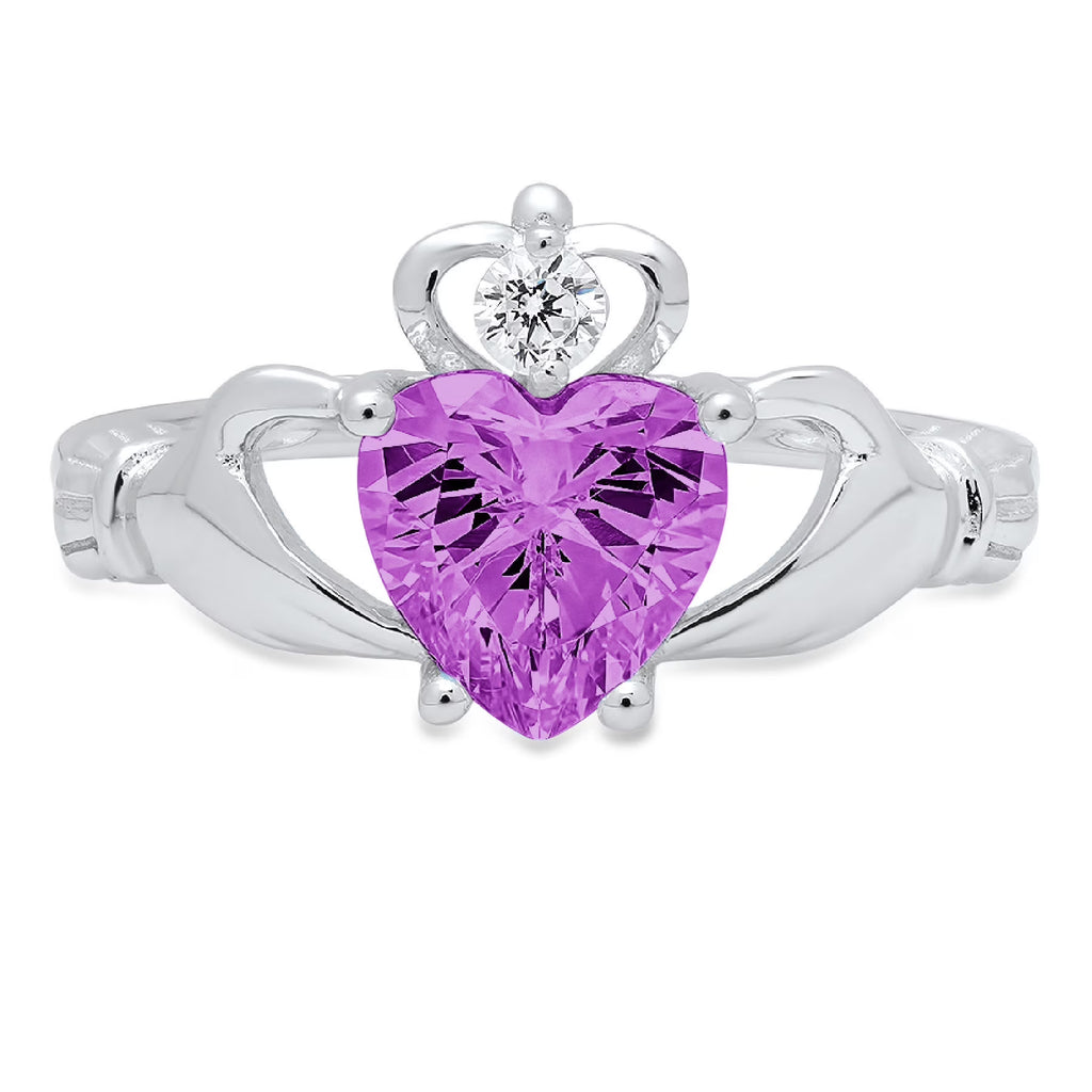 1.06ct Heart Cut Simulated Alexandrite 18k White Gold Claddagh Ring Size 3.75 L1420