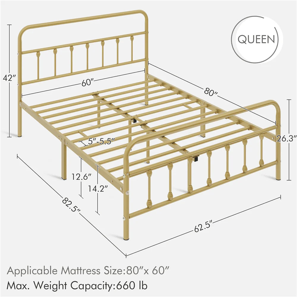 Metal Platform Queen Bed with High Headboard, Black N200