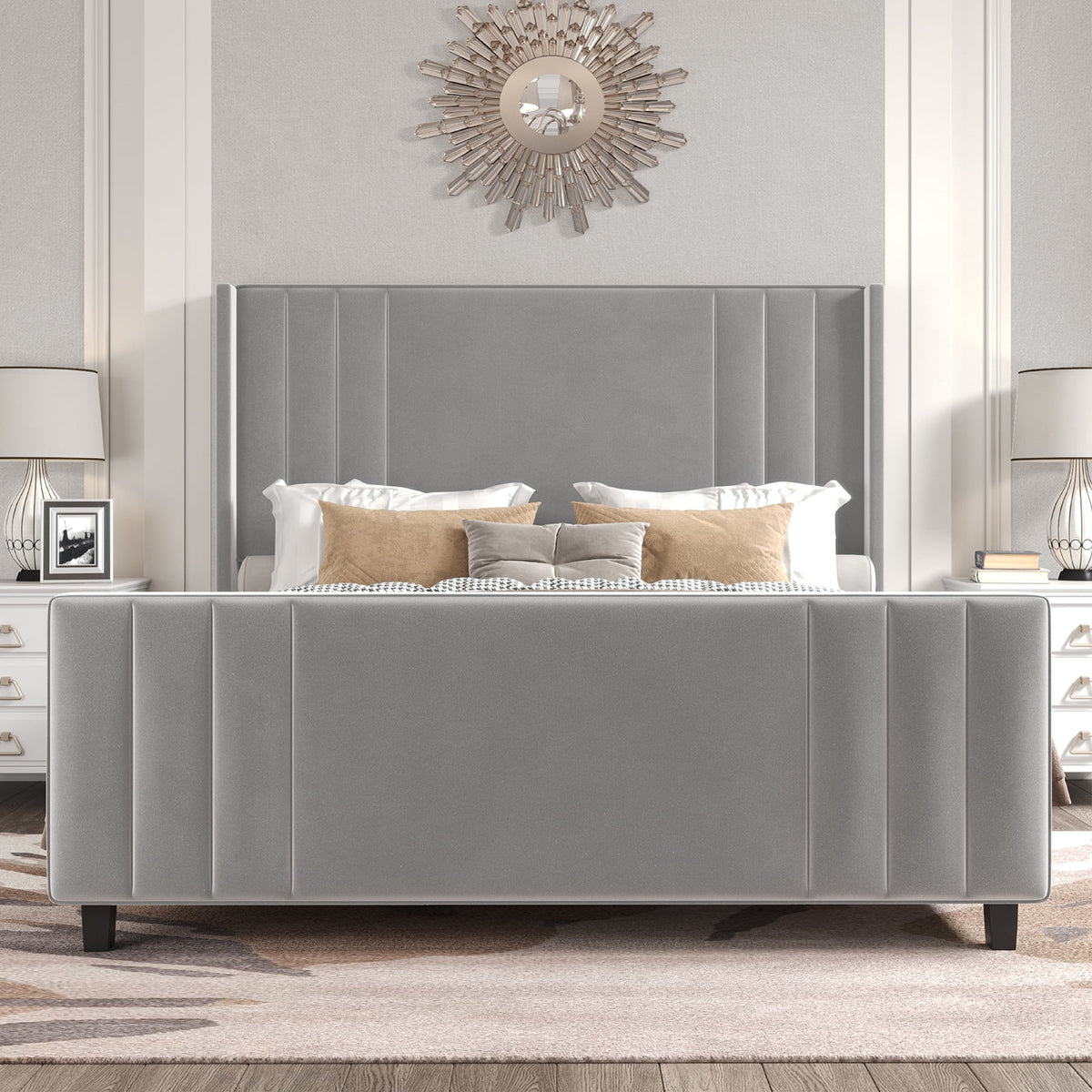 Queen Platform Bed Frame with Vertical Channel, Cream E34464