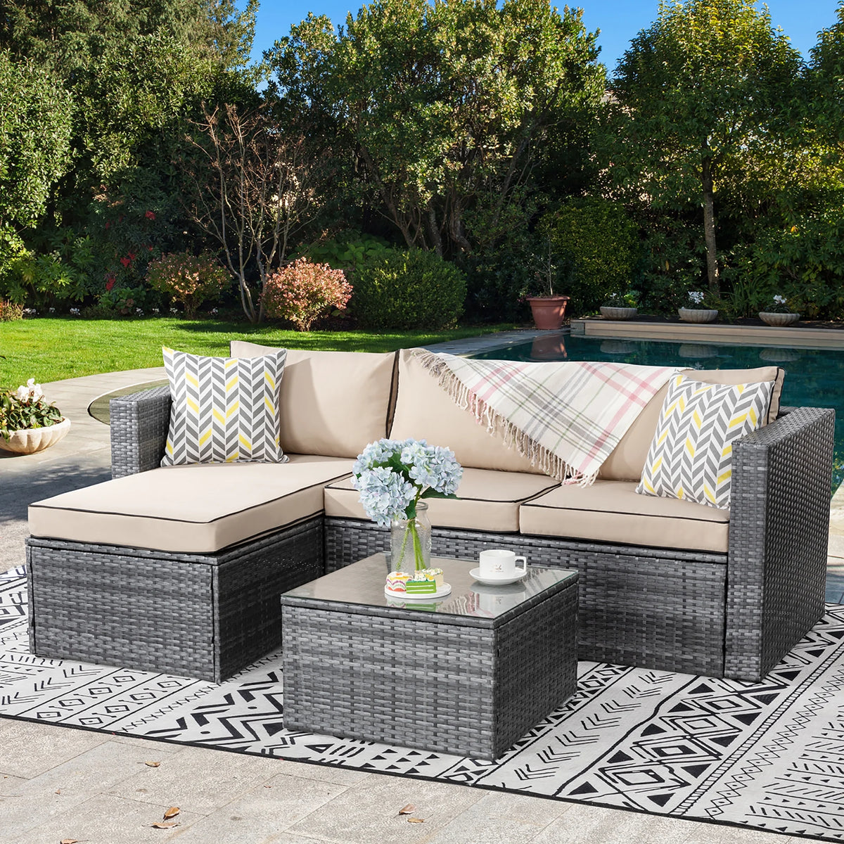 3 Piece Aegean Blue Black Rattan Wicker Sectional Sofa E36548