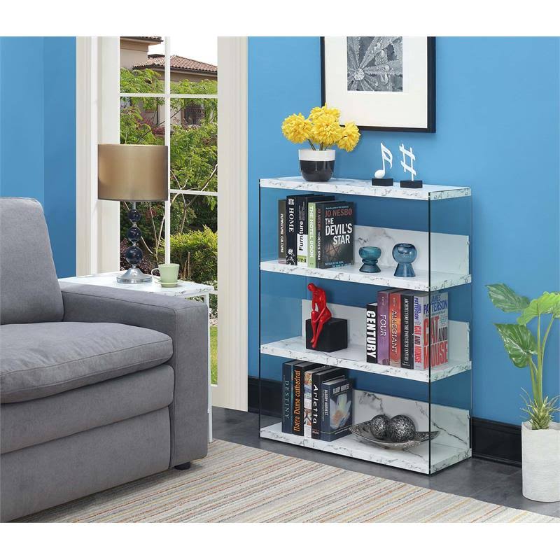 White Faux Marble Wood Four-Tier Wide Bookcase J224