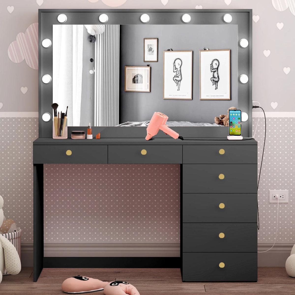 Black Painted Makeup Vanity Table with Light Bulbs H757