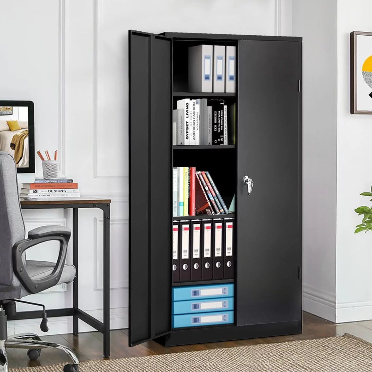 72 inch Black Metal Garage Storage Cabinet with Locking Doors R9620